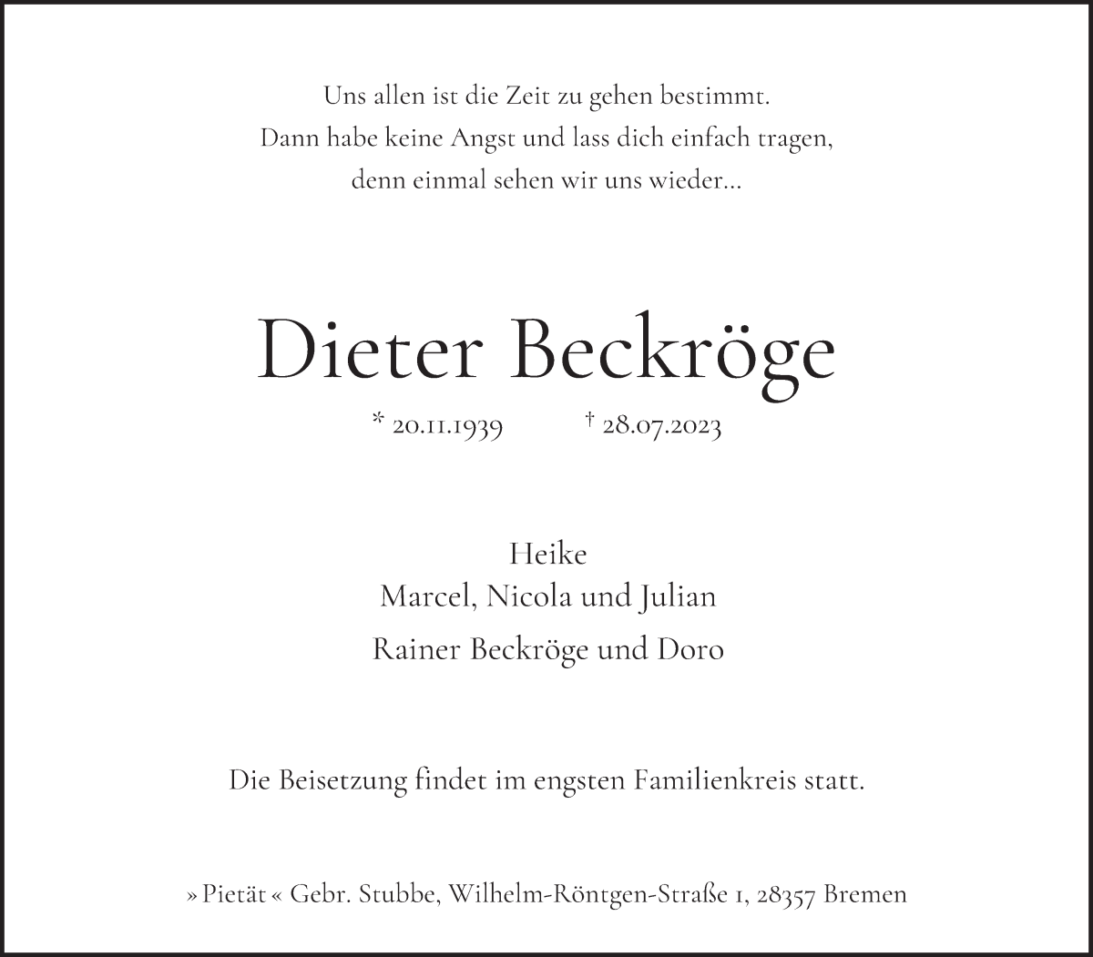 Traueranzeige von Dieter Beckröge von WESER-KURIER