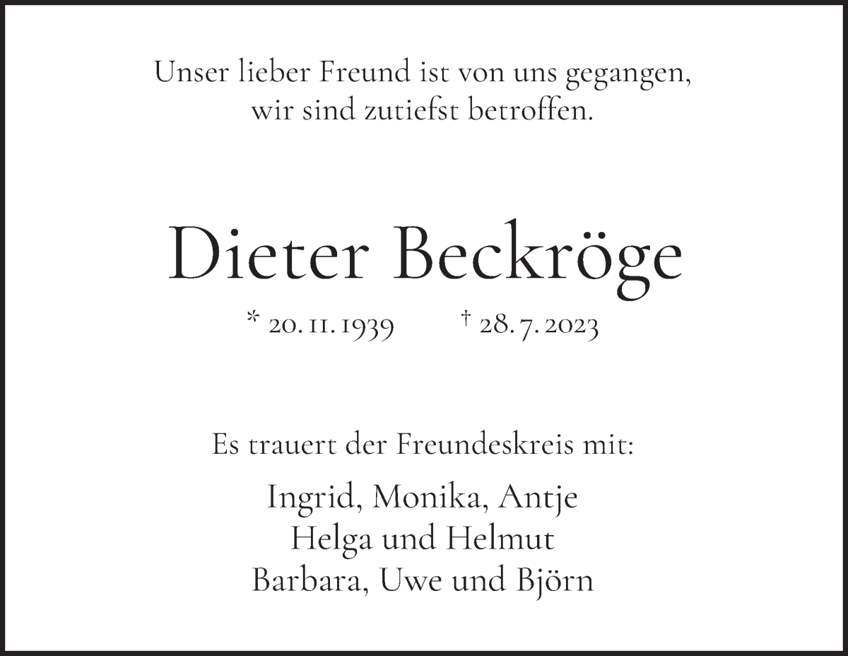 Traueranzeige von Dieter Beckröge von WESER-KURIER
