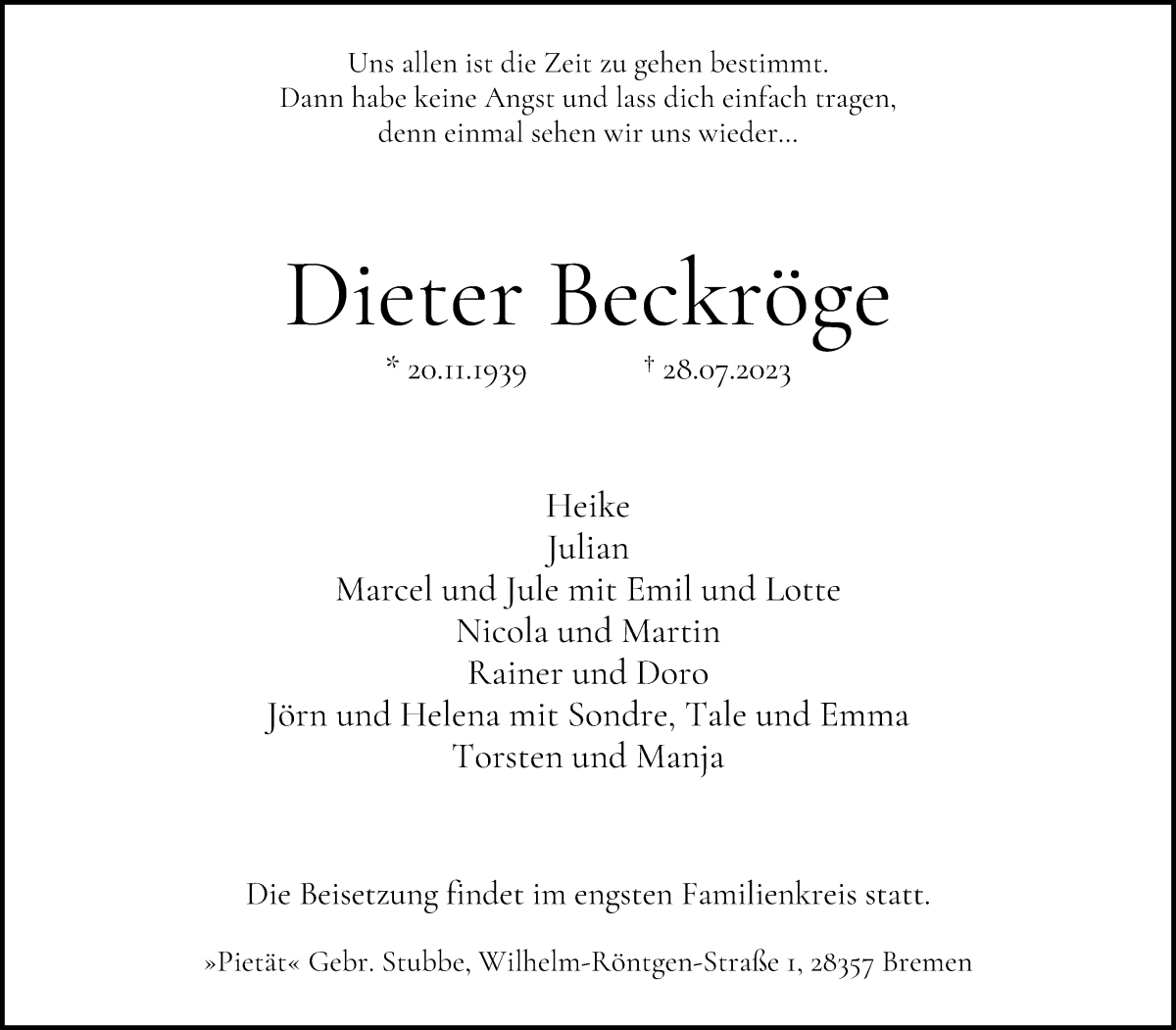 Traueranzeige von Dieter Beckröge von WESER-KURIER