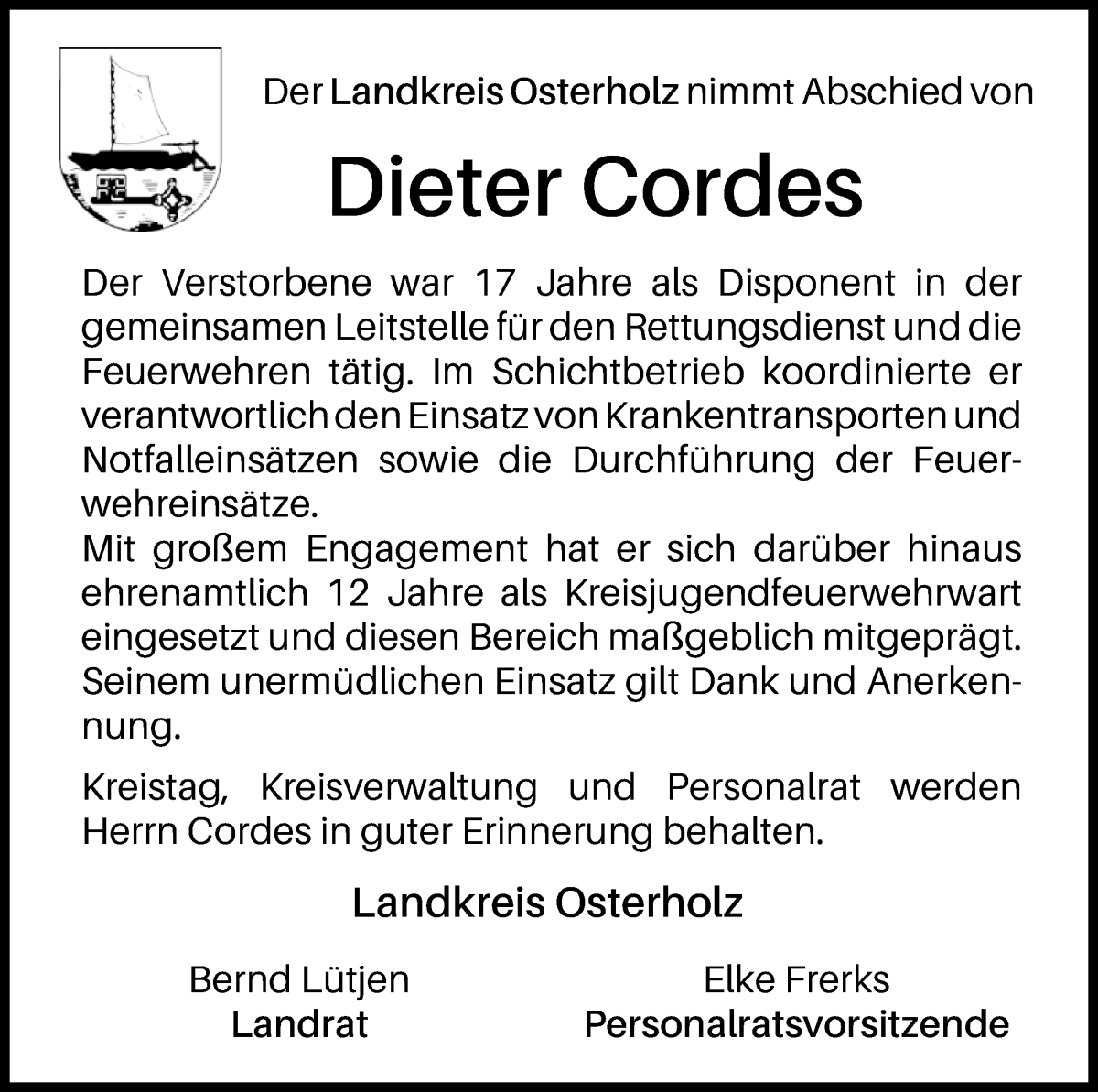 Traueranzeige von Dieter Cordes von Osterholzer Kreisblatt