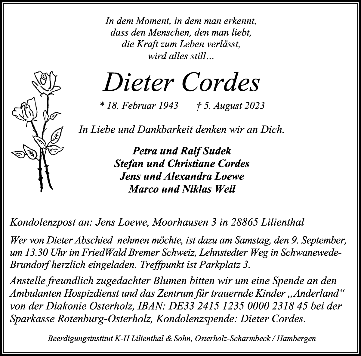 Traueranzeige von Dieter Cordes von Osterholzer Kreisblatt