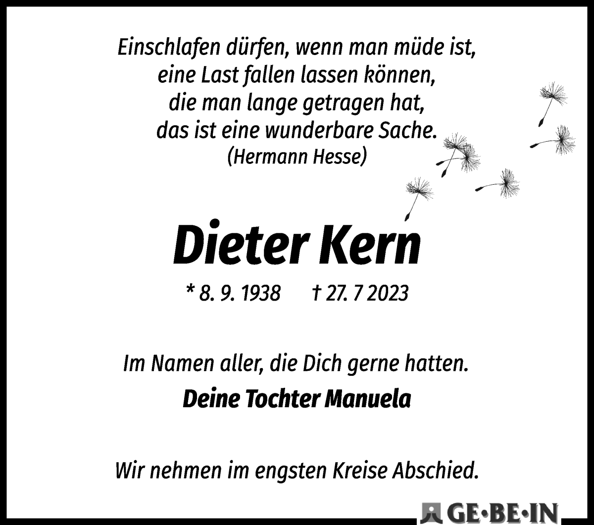 Traueranzeige von Dieter Kern von WESER-KURIER