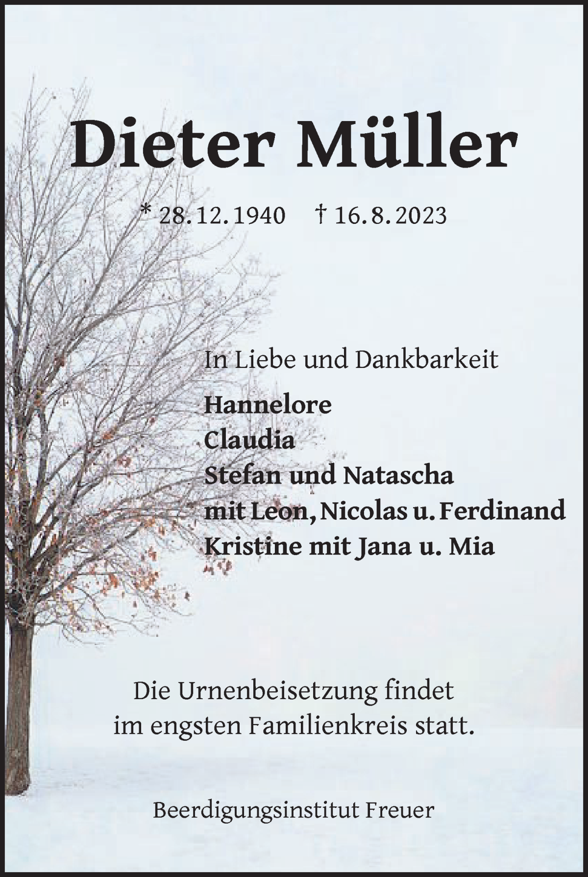 Traueranzeige von Dieter Müller von WESER-KURIER