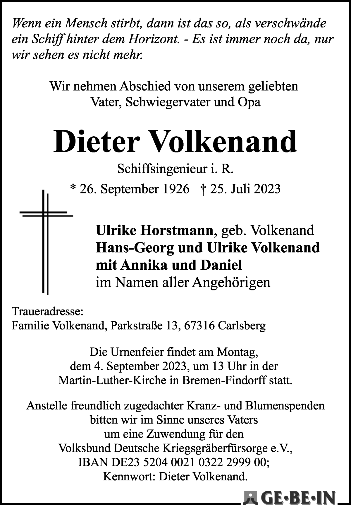 Traueranzeige von Dieter Volkenand von WESER-KURIER