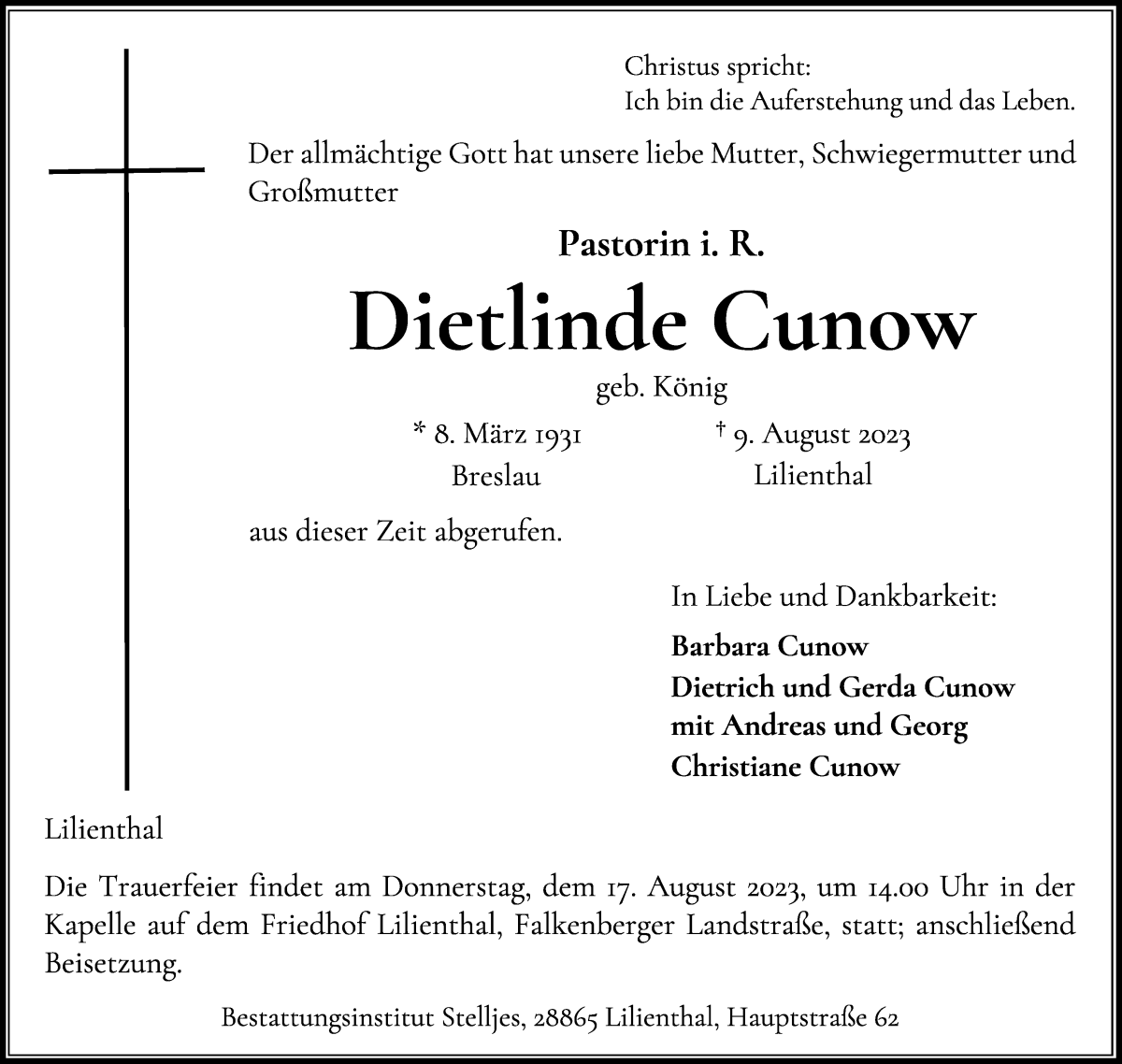 Traueranzeige von Dietlinde Cunow von Wuemme Zeitung