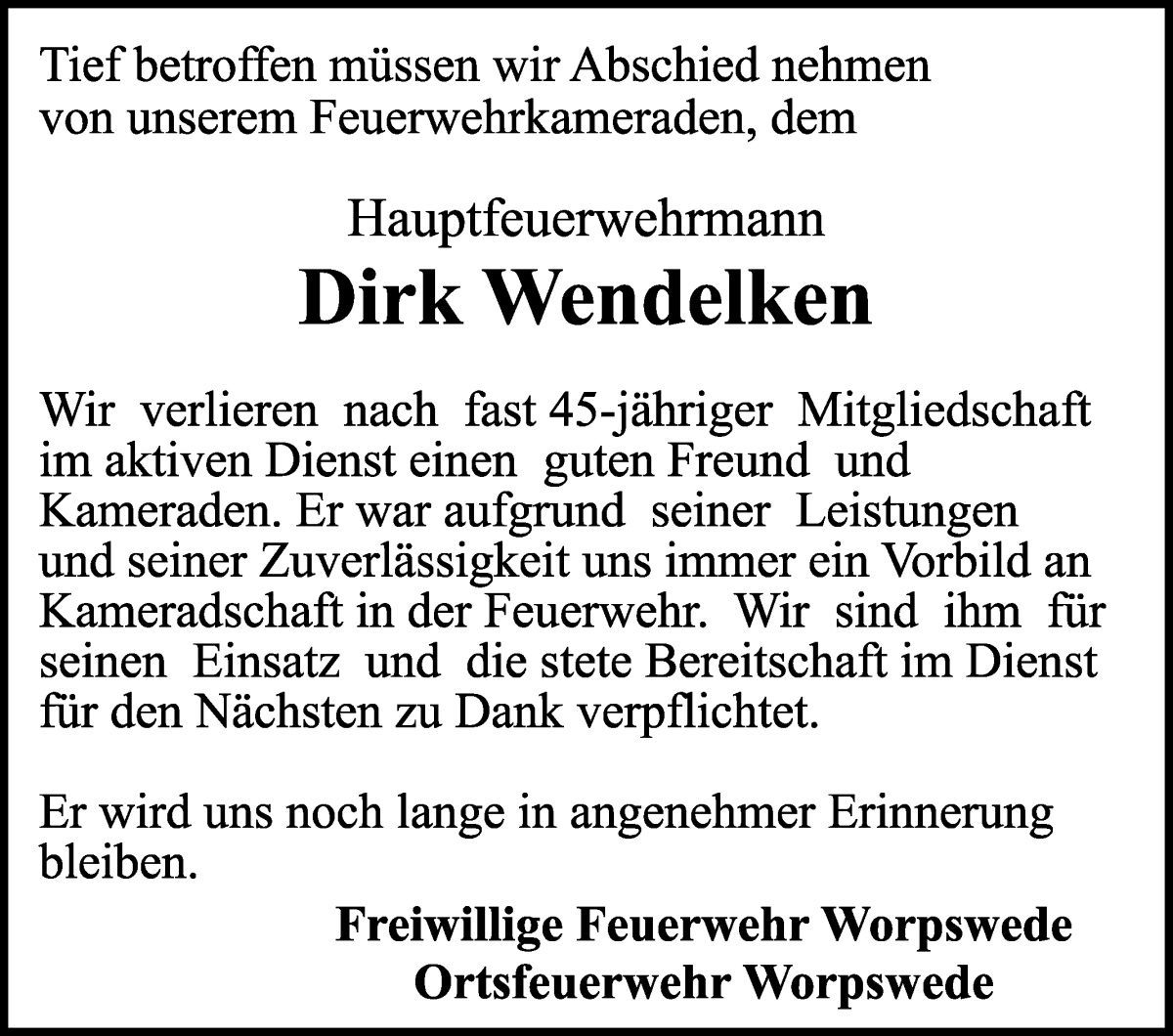 Traueranzeige von Dirk Wendelken von Wuemme Zeitung