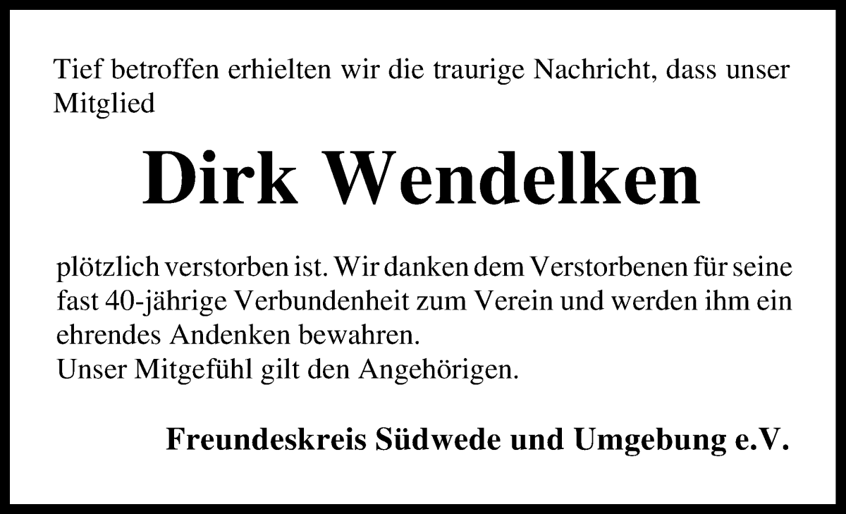Traueranzeige von Dirk Wendelken von Wuemme Zeitung