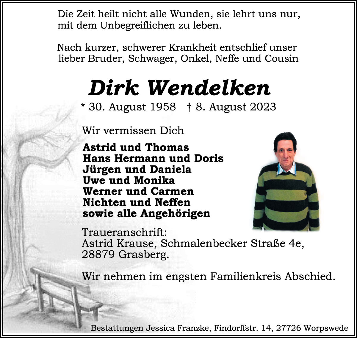 Traueranzeige von Dirk Wendelken von Wuemme Zeitung