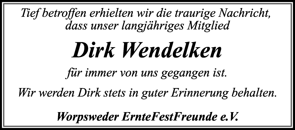 Traueranzeige von Dirk Wendelken von Wuemme Zeitung