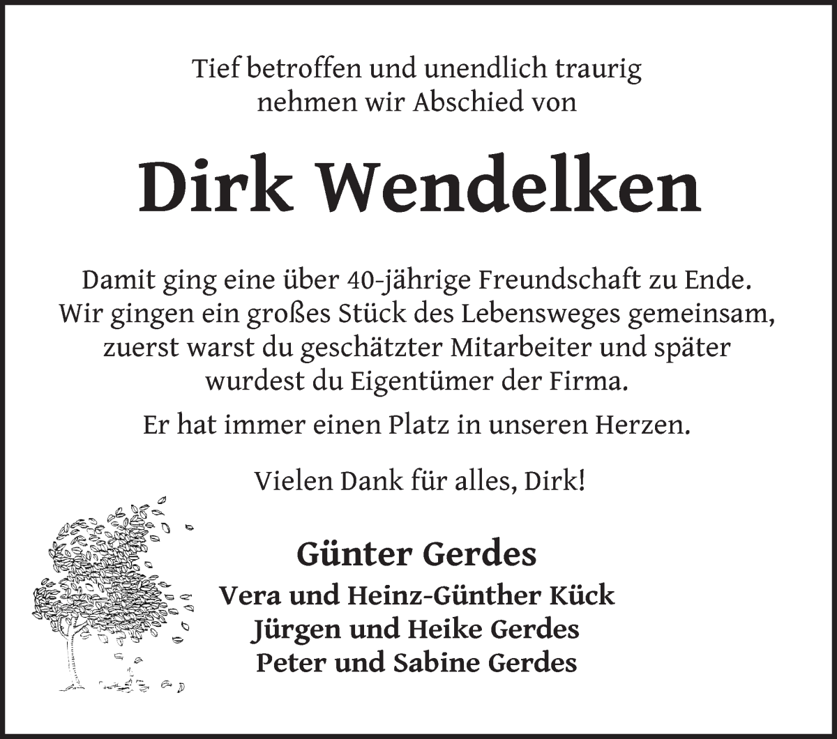 Traueranzeige von Dirk Wendelken von Wuemme Zeitung