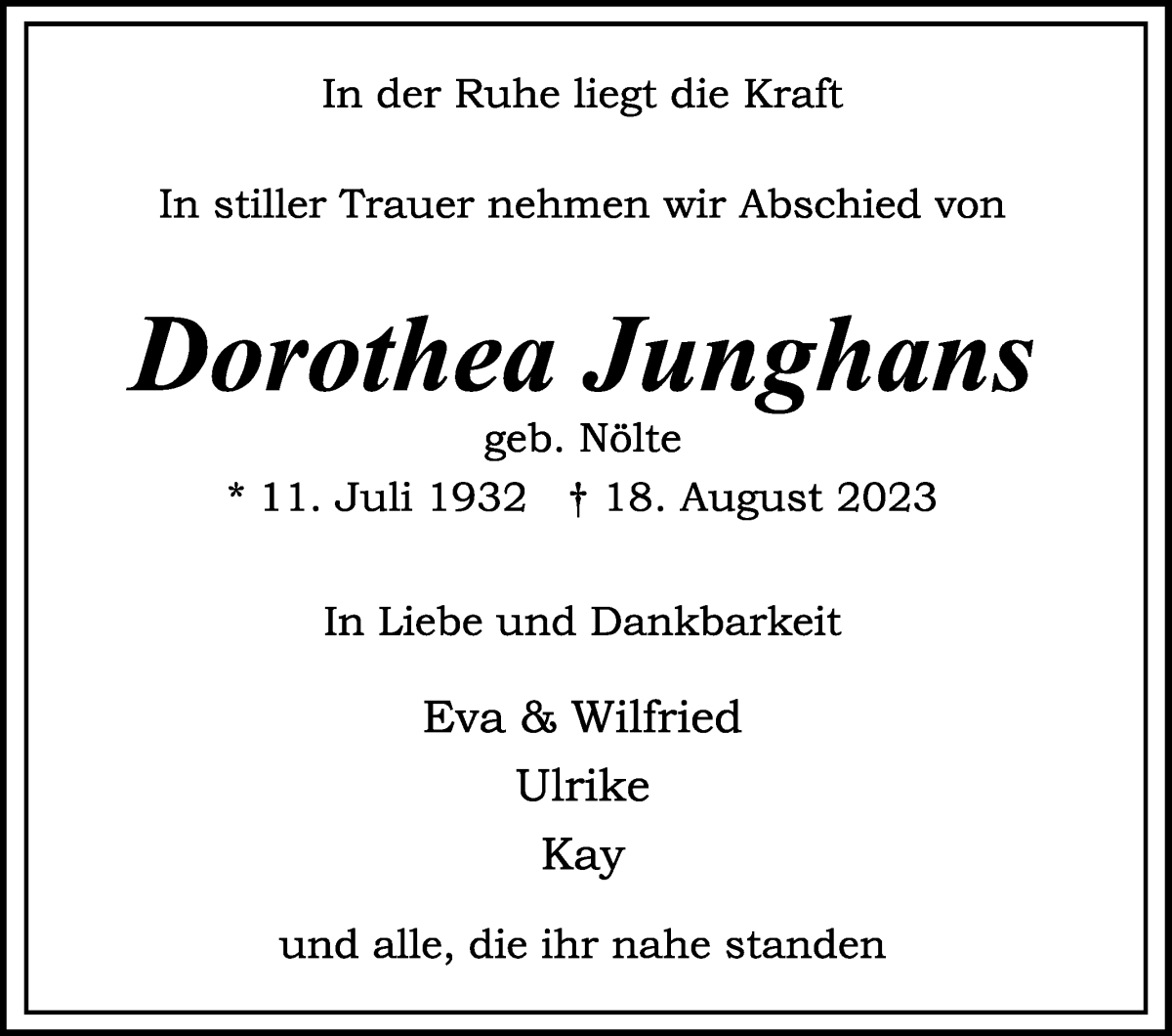 Traueranzeige von Dorothea Junghans von WESER-KURIER