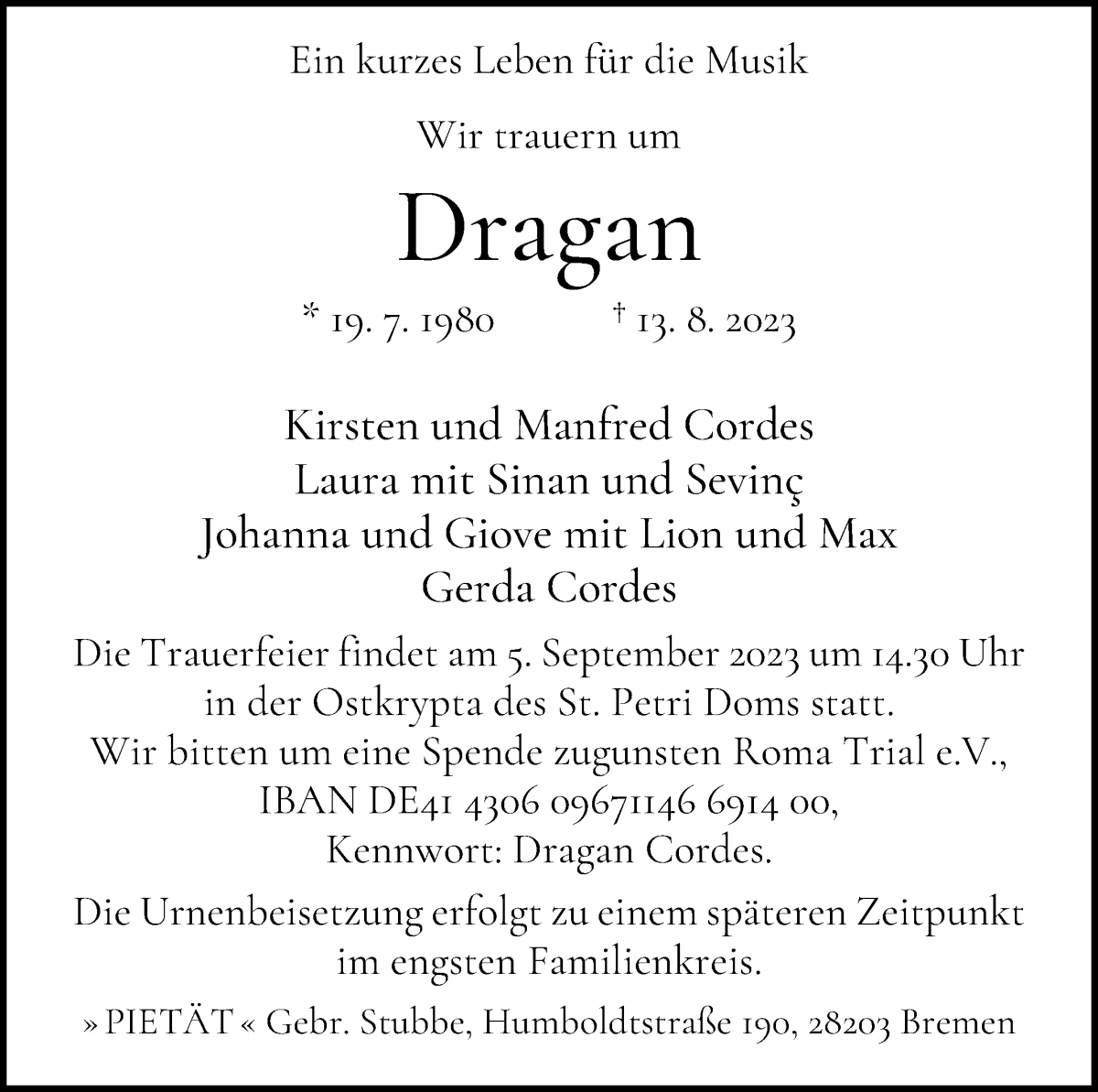 Traueranzeige von Dragan Cordes von WESER-KURIER
