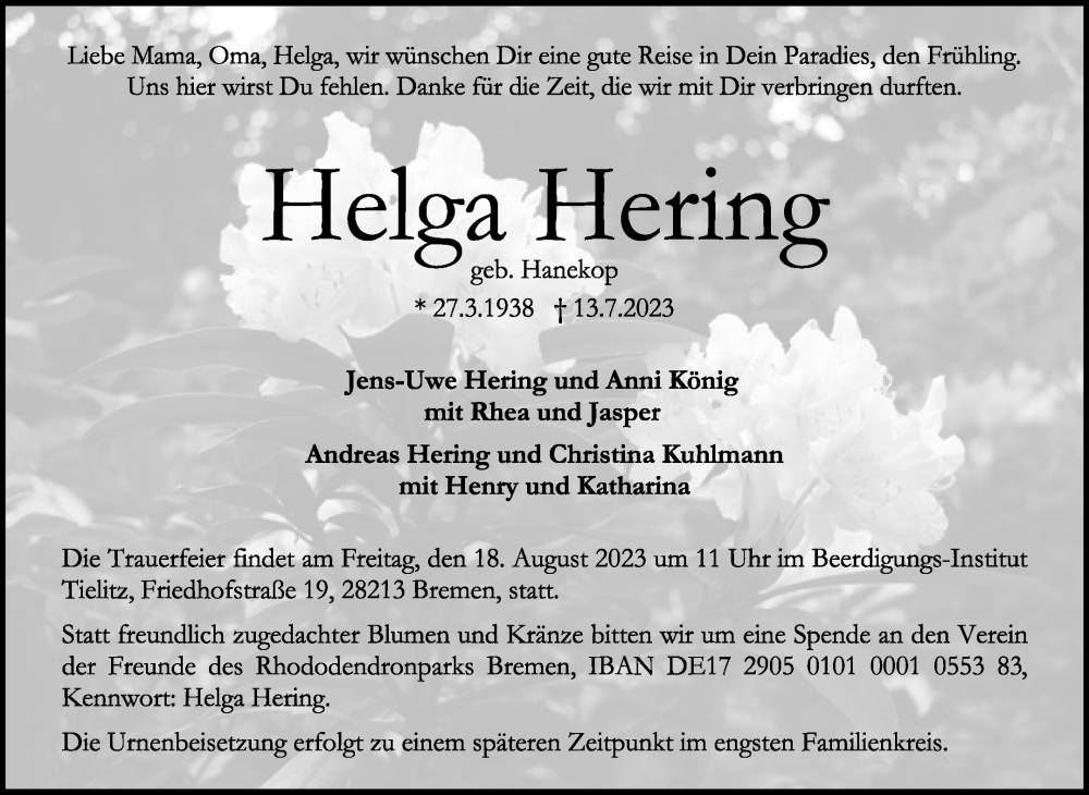 Traueranzeige von Helga Hering 