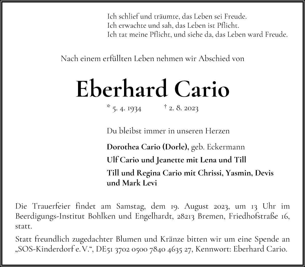Traueranzeige von Eberhard Cario von WESER-KURIER