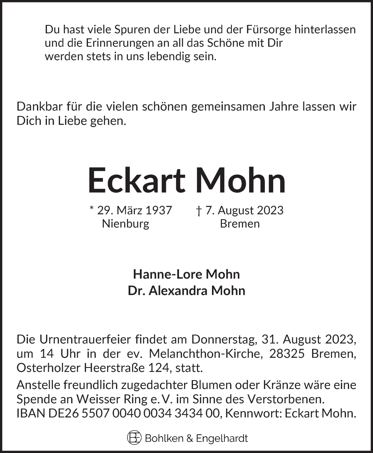 Traueranzeige von Eckart Mohn von WESER-KURIER