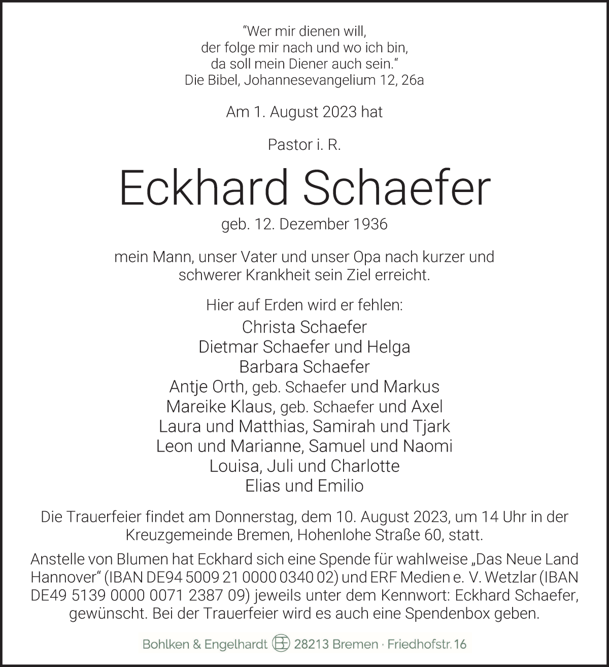 Traueranzeige von Eckhard Schaefer von WESER-KURIER