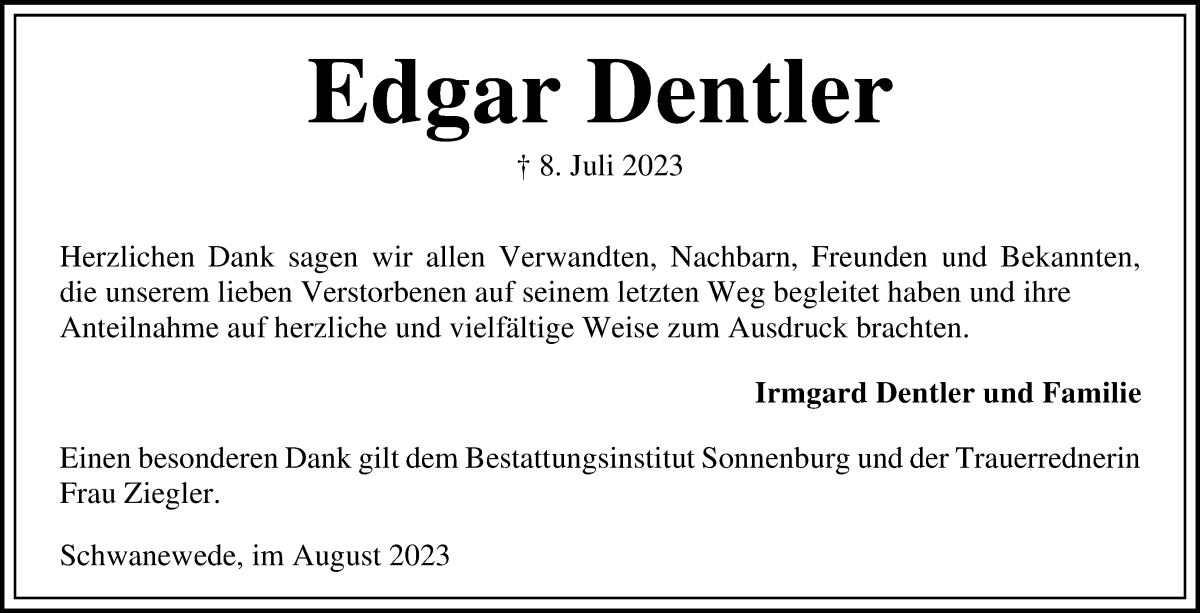 Traueranzeige von Edgar Dentler von Die Norddeutsche