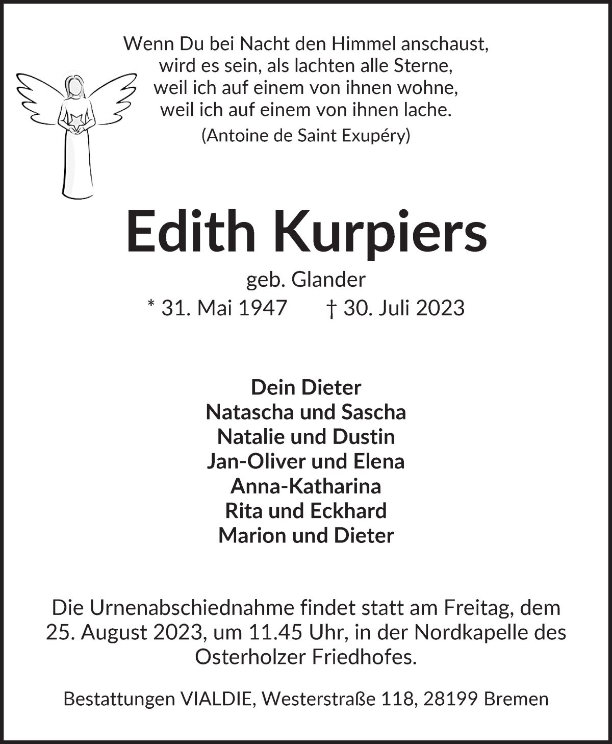 Traueranzeige von Edith Kurpiers von WESER-KURIER