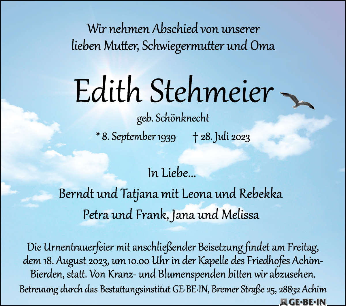 Traueranzeige von Edith Stehmeier von WESER-KURIER