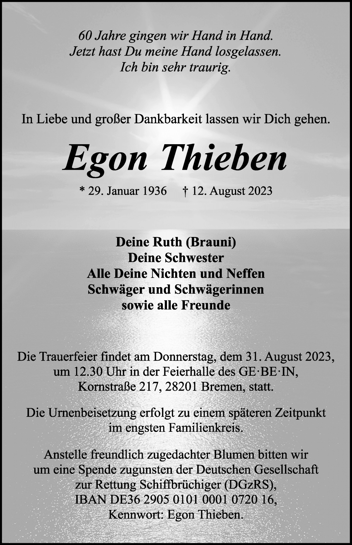 Traueranzeige von Egon Thieben von WESER-KURIER