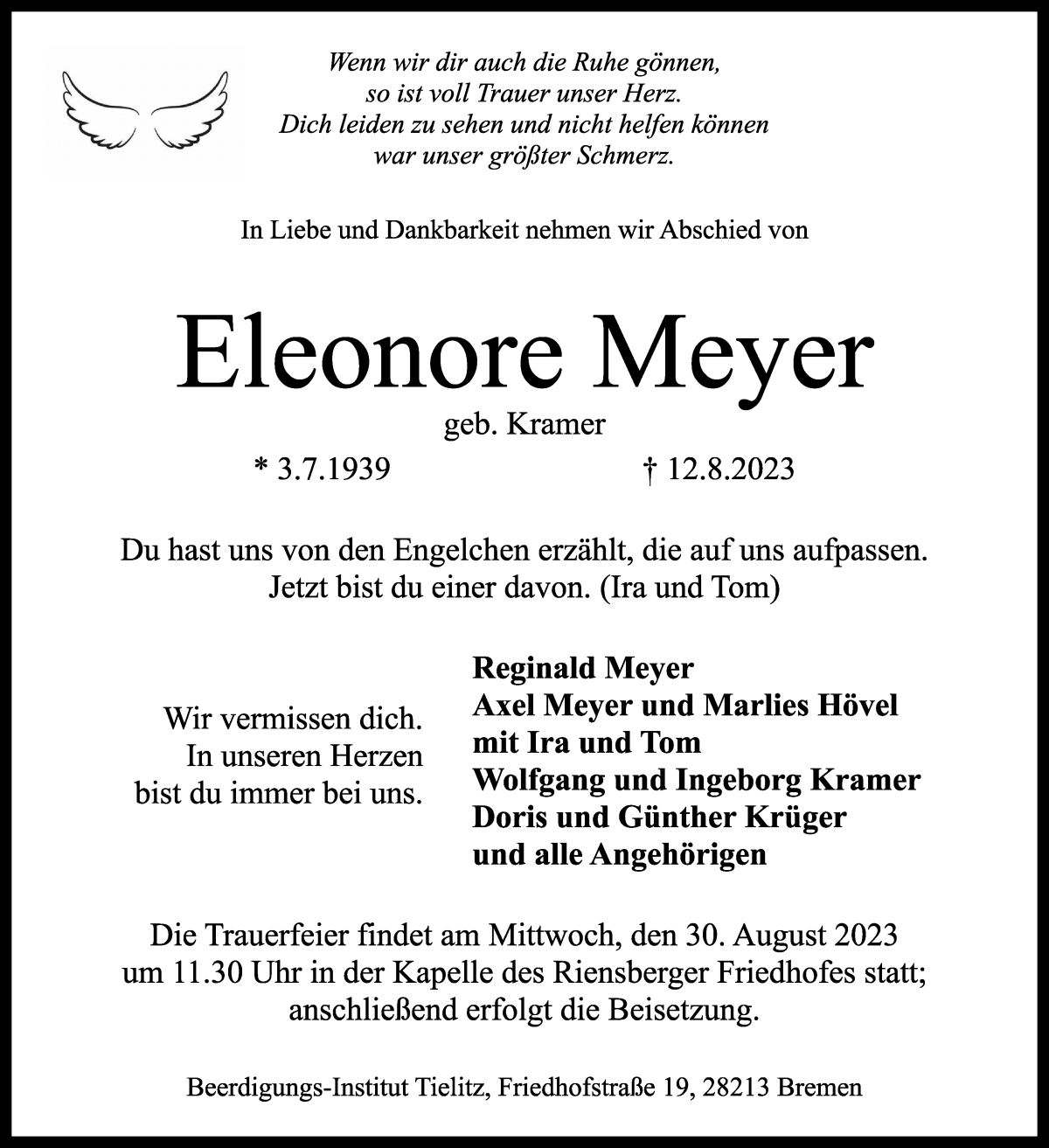 Traueranzeige von Eleonore Meyer von WESER-KURIER