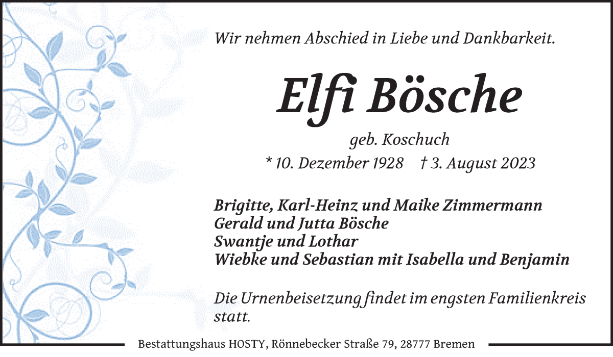 Traueranzeige von Elfi Bösche von Die Norddeutsche