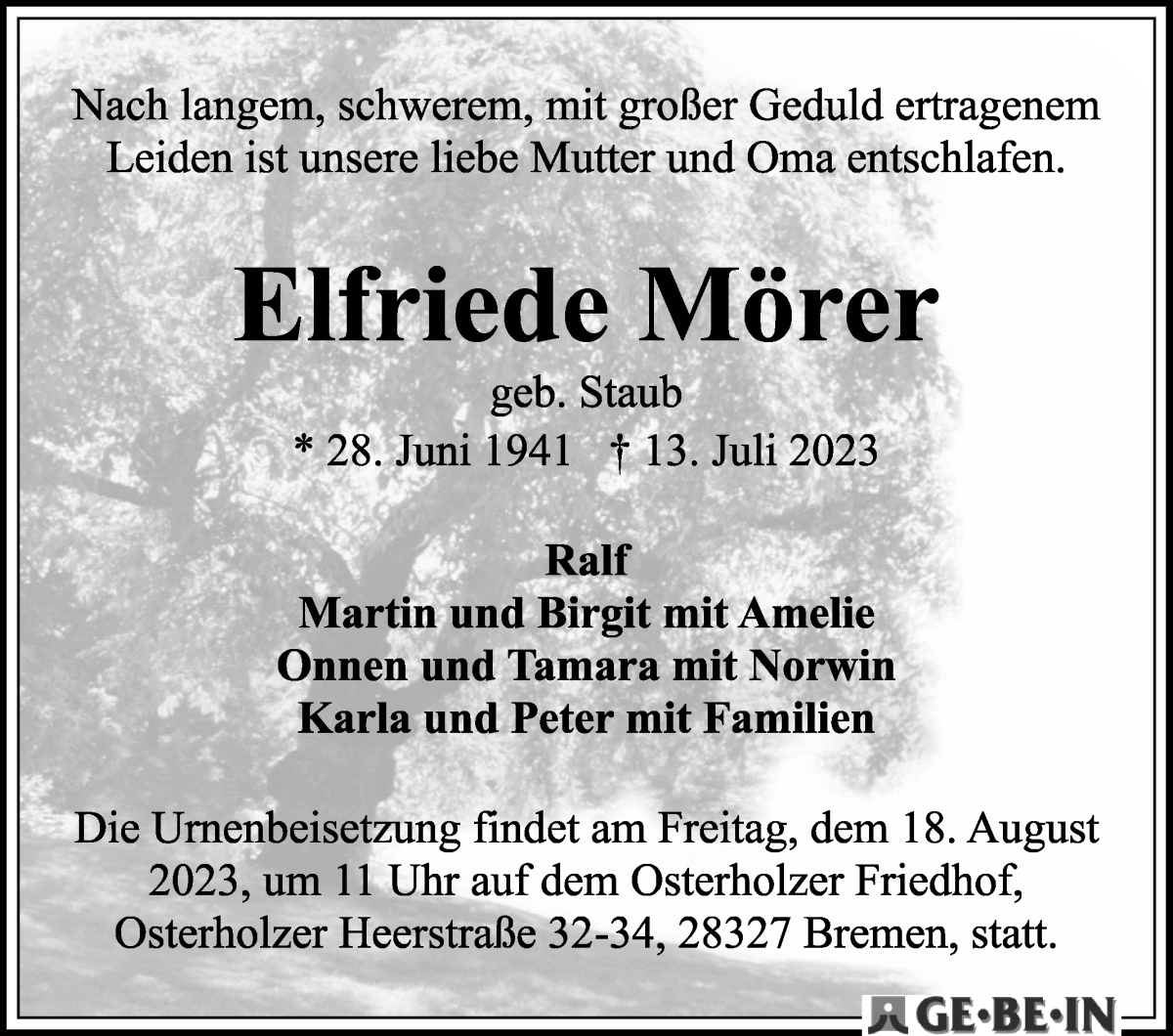 Traueranzeige von Elfriede Mörer von WESER-KURIER