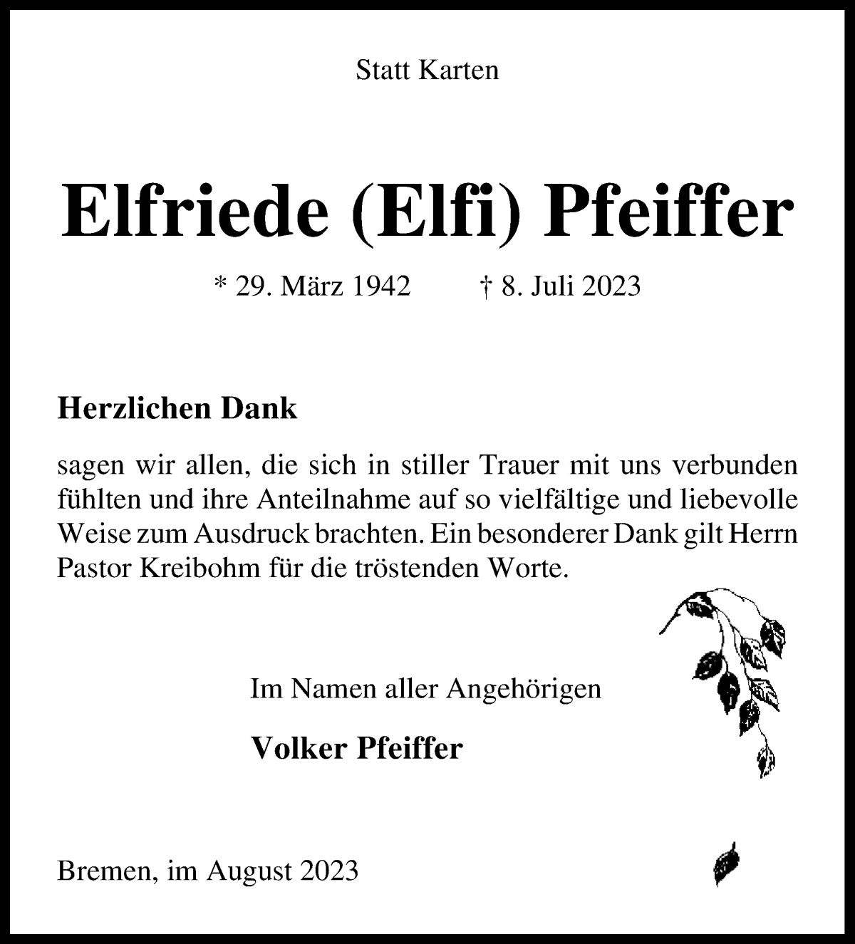 Traueranzeige von Elfriede Pfeiffer von WESER-KURIER