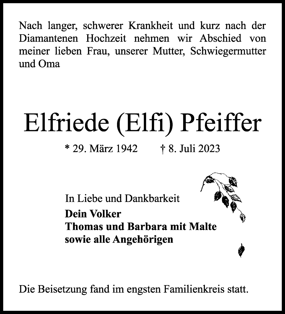 Traueranzeige von Elfriede Pfeiffer von WESER-KURIER