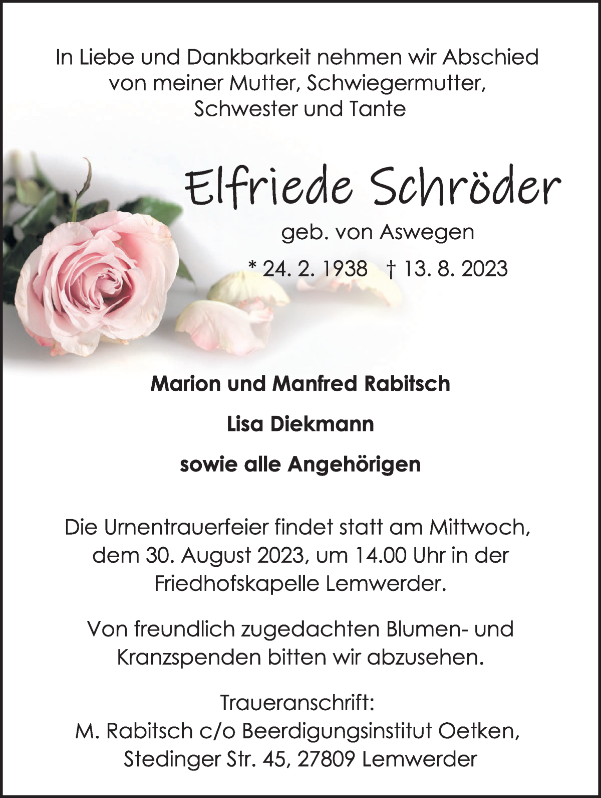 Traueranzeige von Elfriede Schröder von Die Norddeutsche