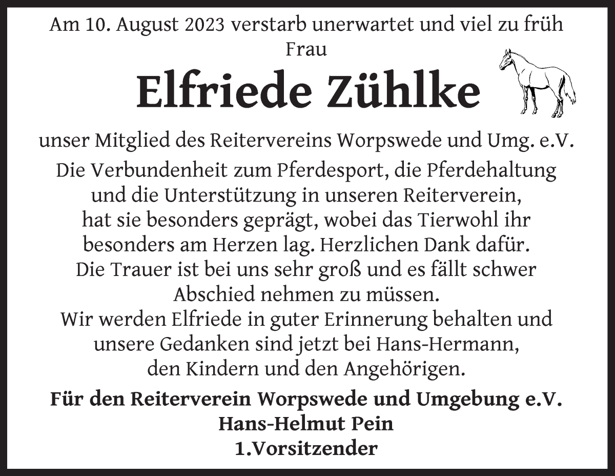 Traueranzeige von Elfriede Zühlke von Wuemme Zeitung