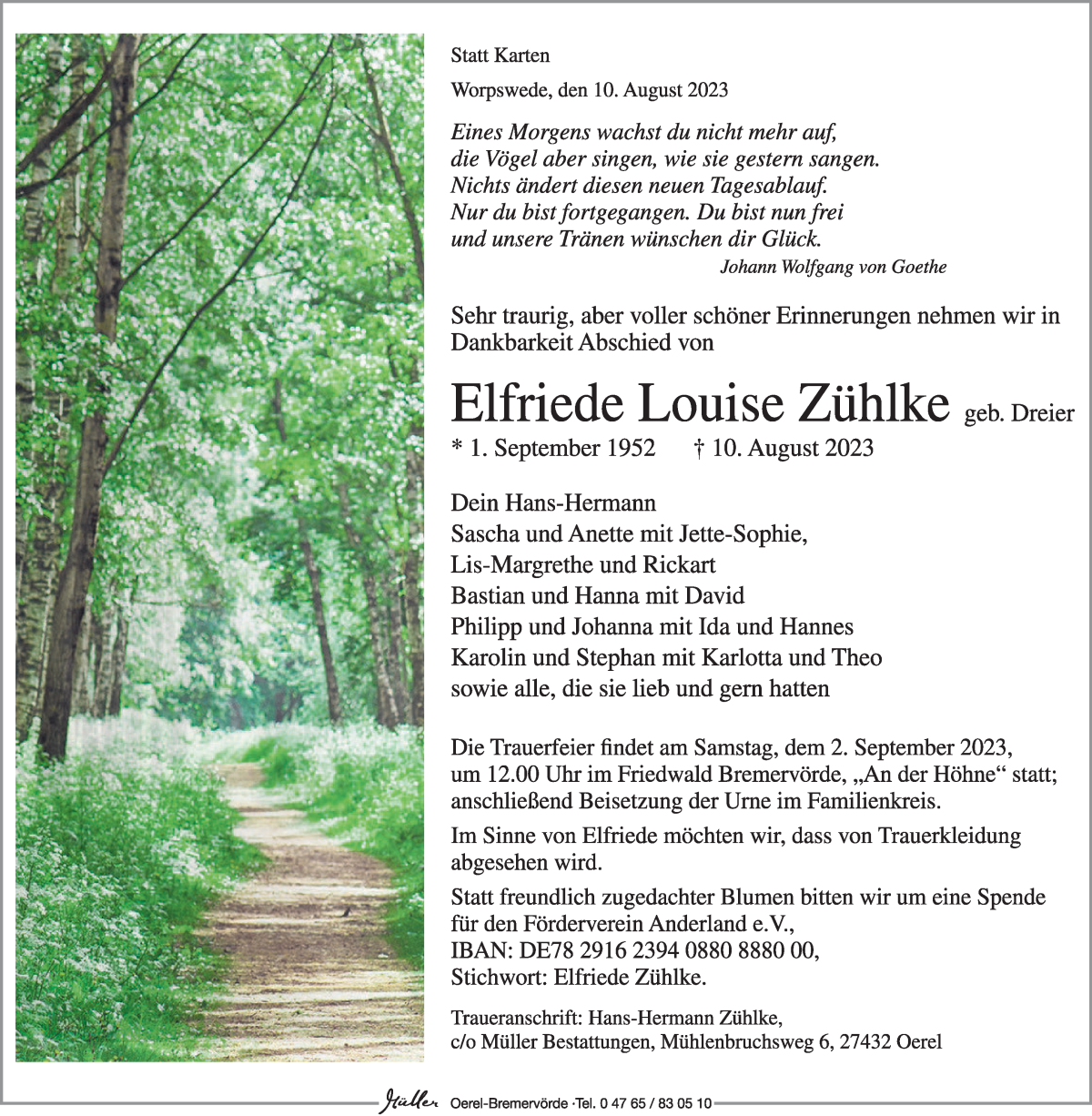 Traueranzeige von Elfriede Lousie Zühlke von Osterholzer Kreisblatt