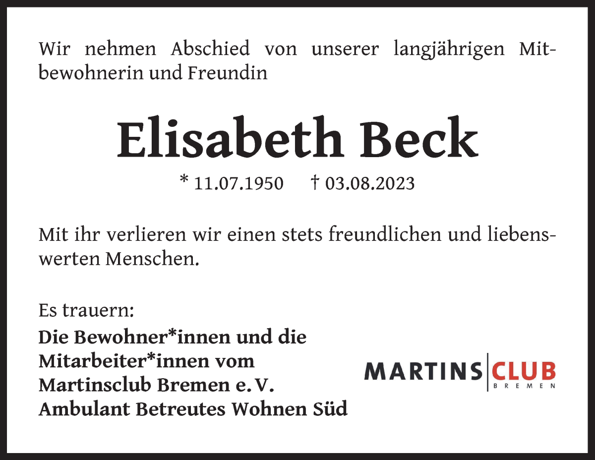 Traueranzeige von Elisabeth Beck von WESER-KURIER