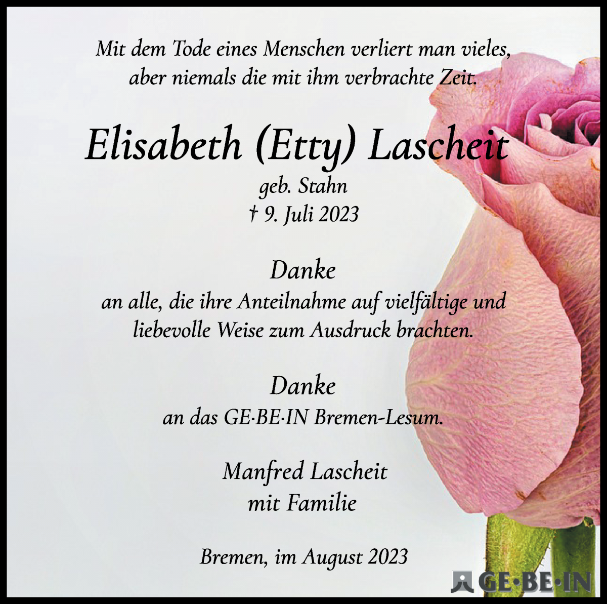 Traueranzeige von Elisabeth Lascheit von Osterholzer Kreisblatt