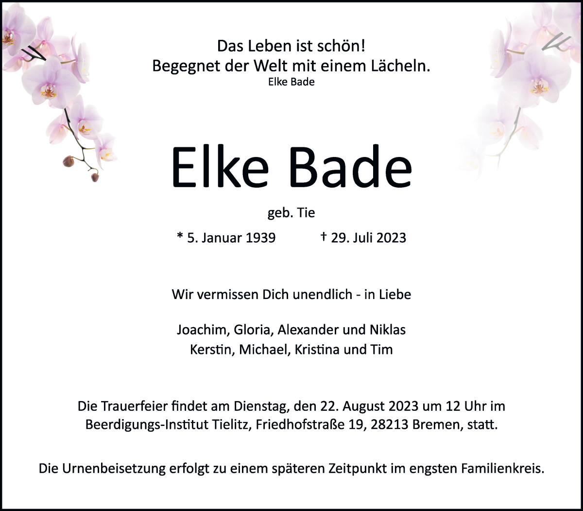 Traueranzeige von Elke Bade von WESER-KURIER