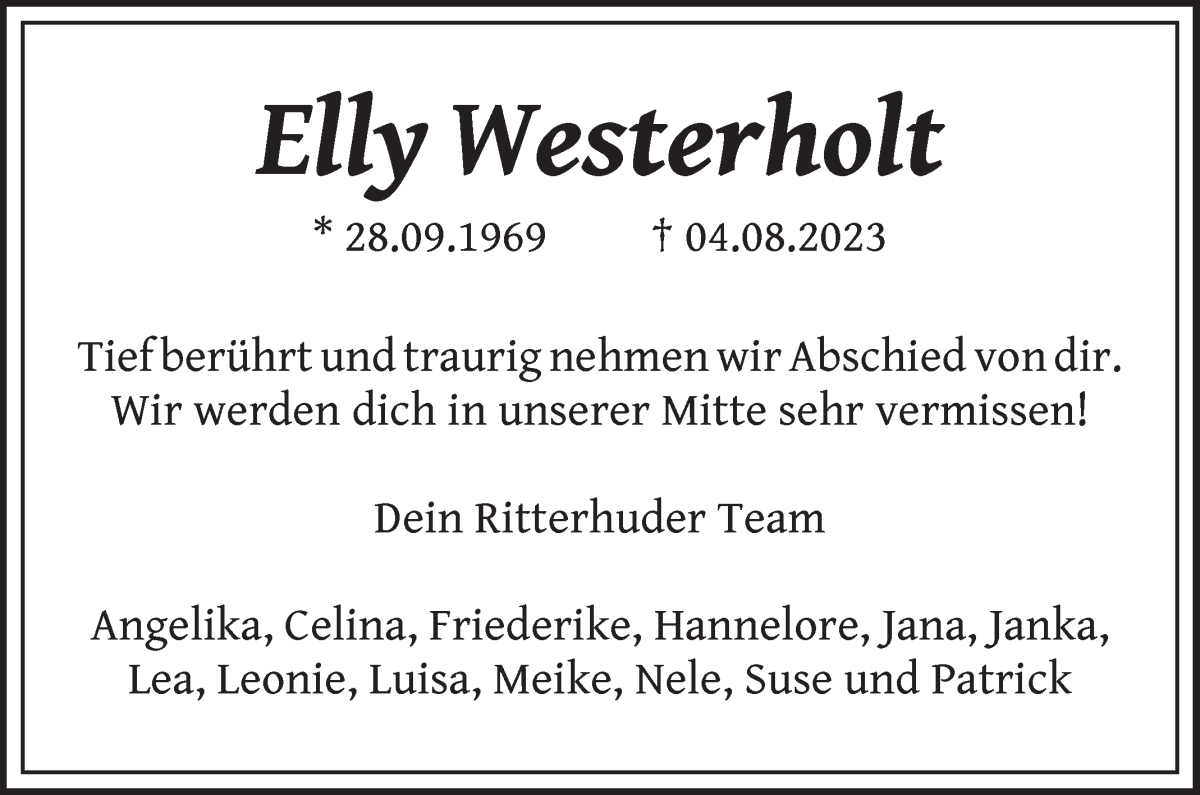 Traueranzeige von Elly Westerholt von Osterholzer Kreisblatt