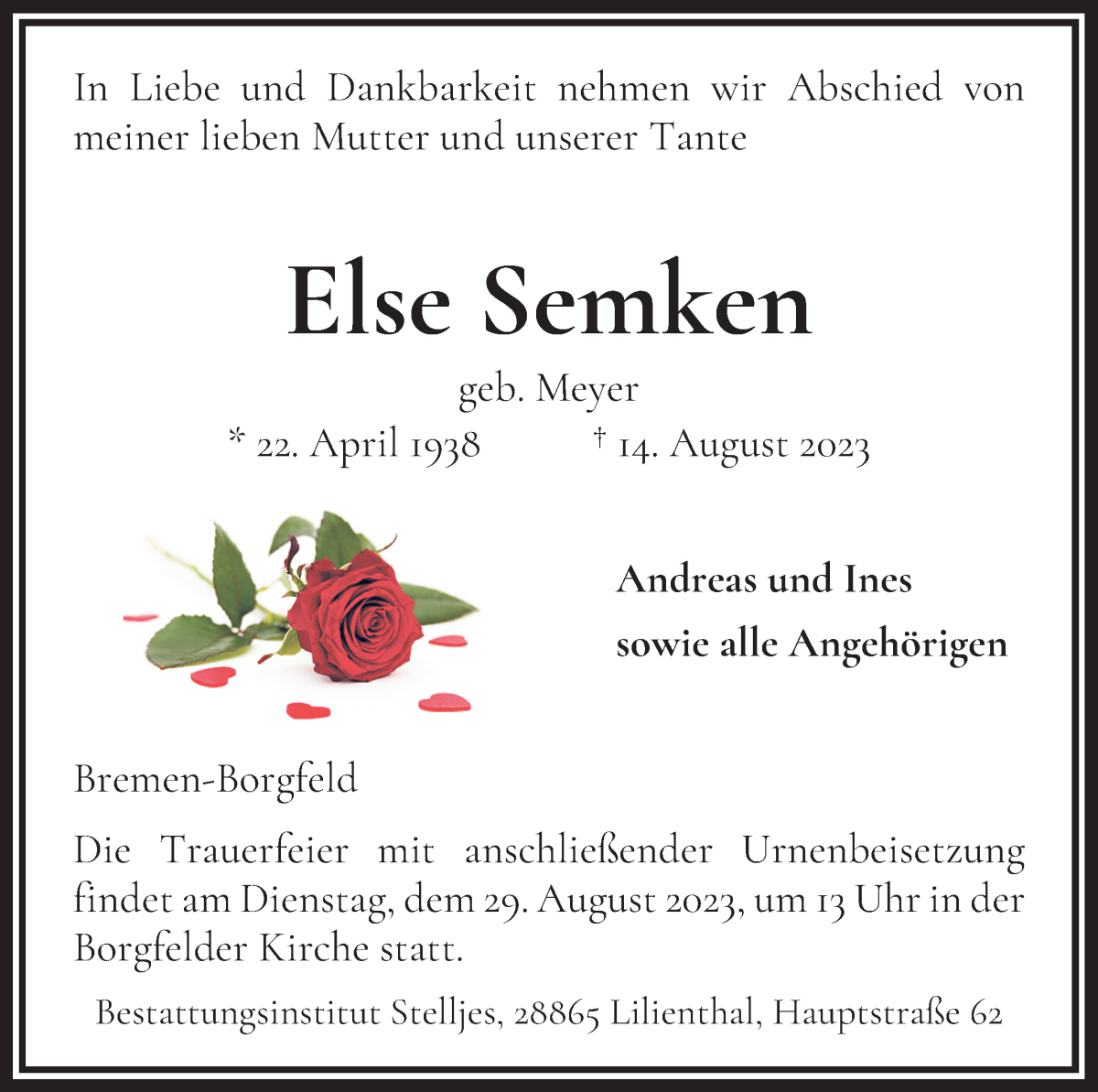Traueranzeige von Else Semken von Wuemme Zeitung