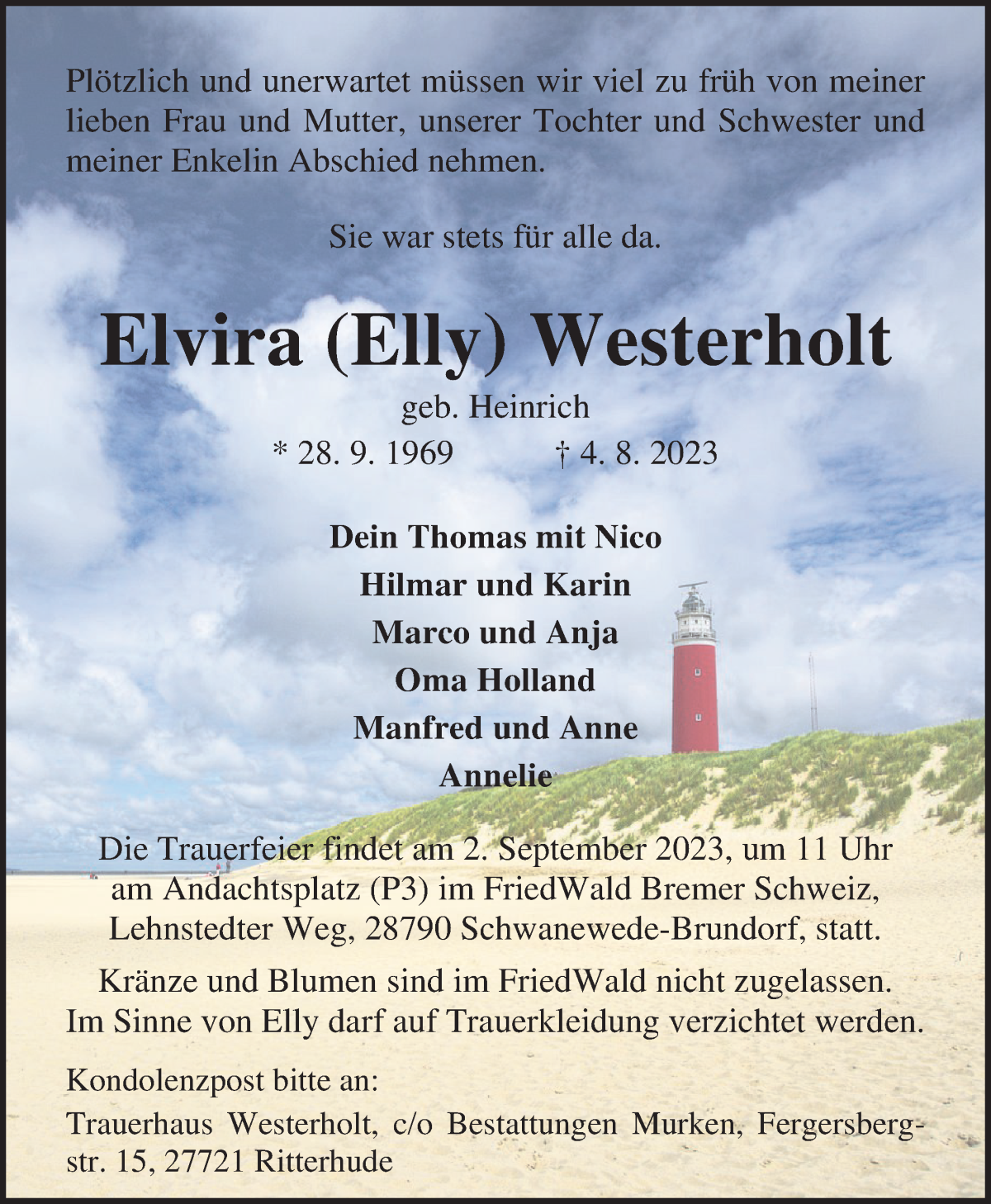 Traueranzeige von Elvira Westerholt von Osterholzer Kreisblatt