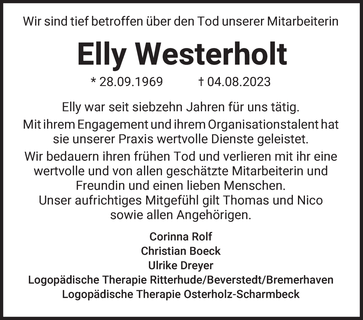 Traueranzeige von Elvira Westerholt von Osterholzer Kreisblatt