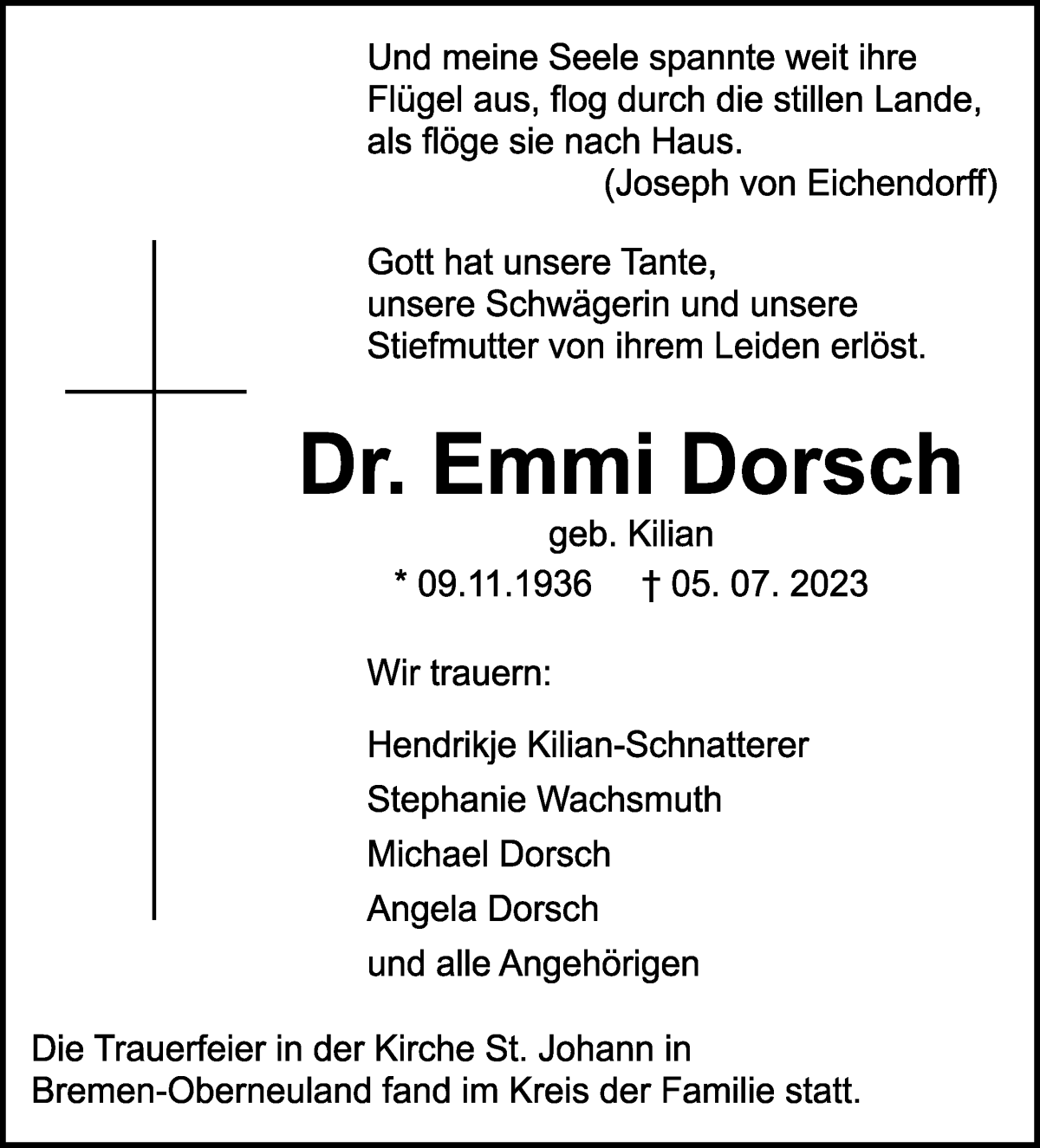 Traueranzeige von Emmi Dorsch von WESER-KURIER