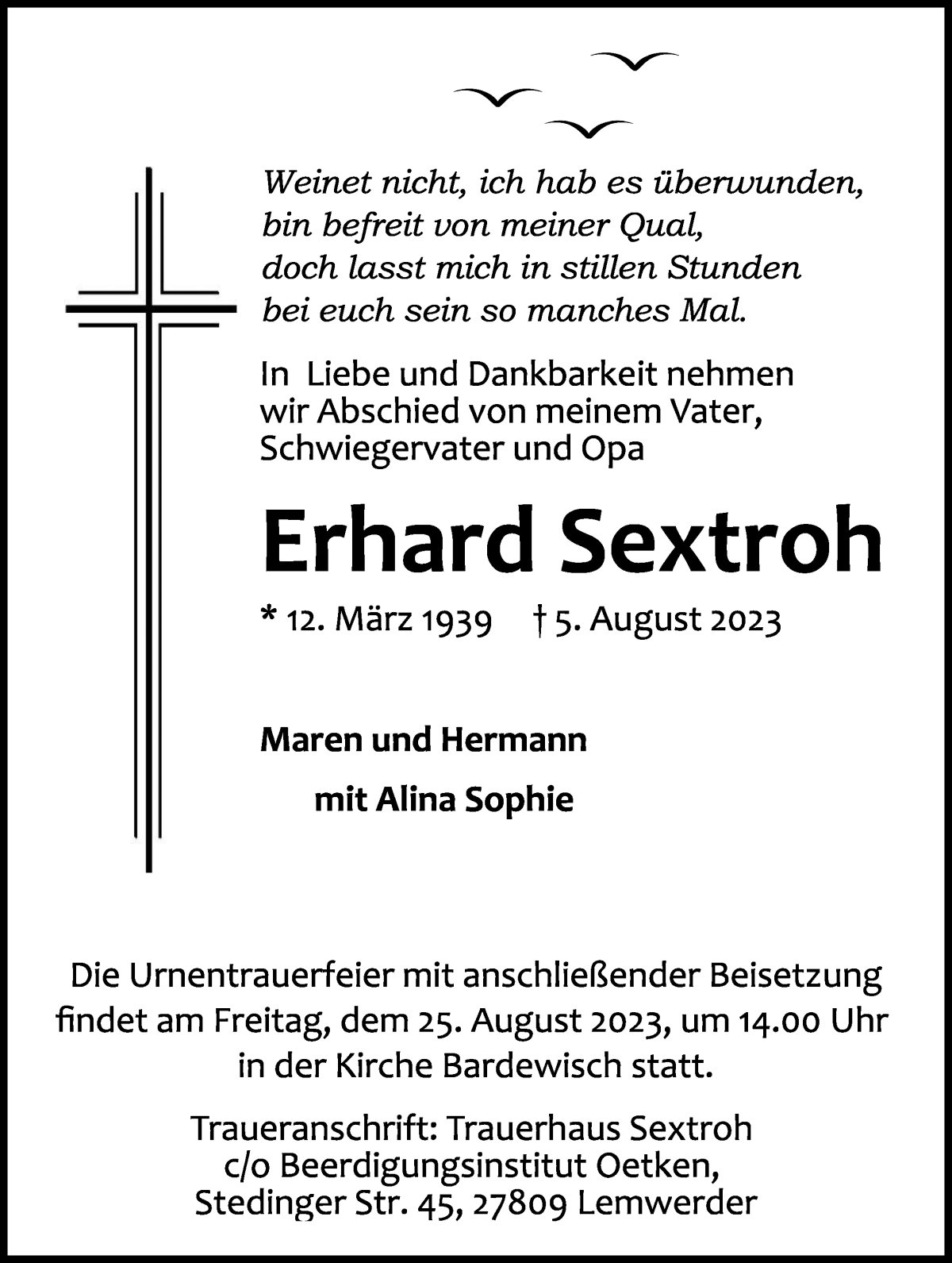 Traueranzeige von Erhard Sextroh von Die Norddeutsche