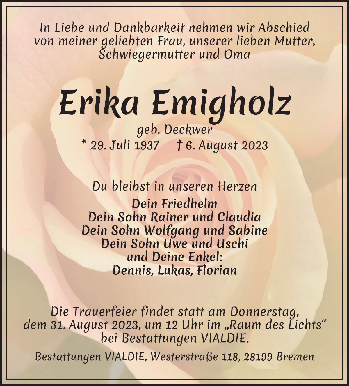 Traueranzeige von Erika Emigholz von WESER-KURIER