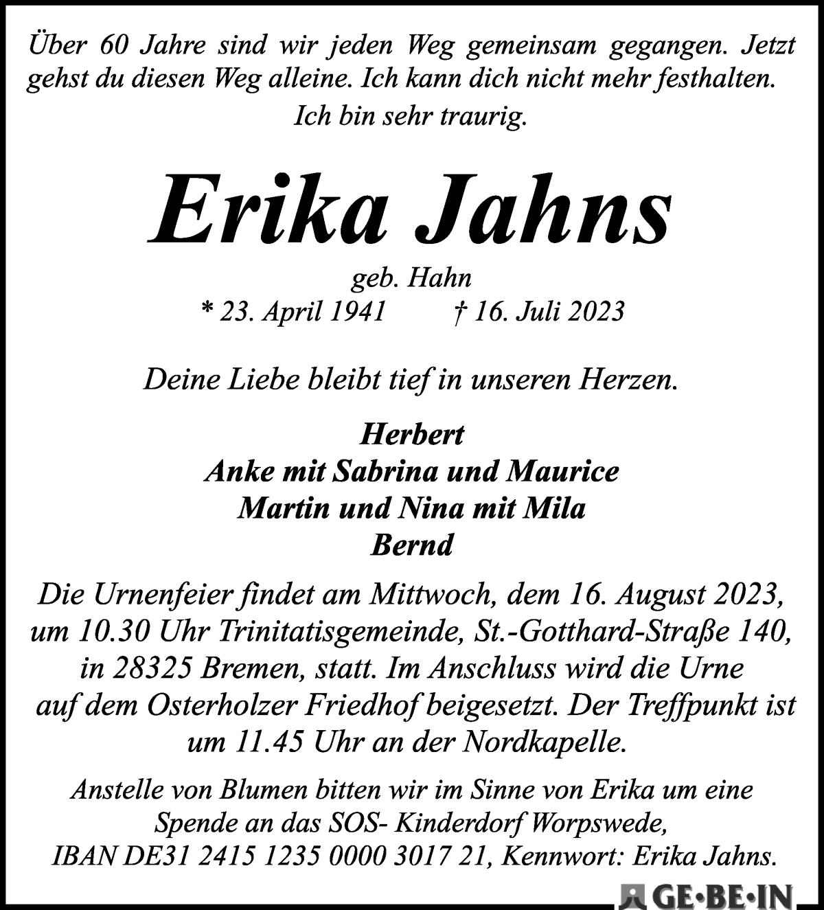 Traueranzeige von Erika Jahns von WESER-KURIER