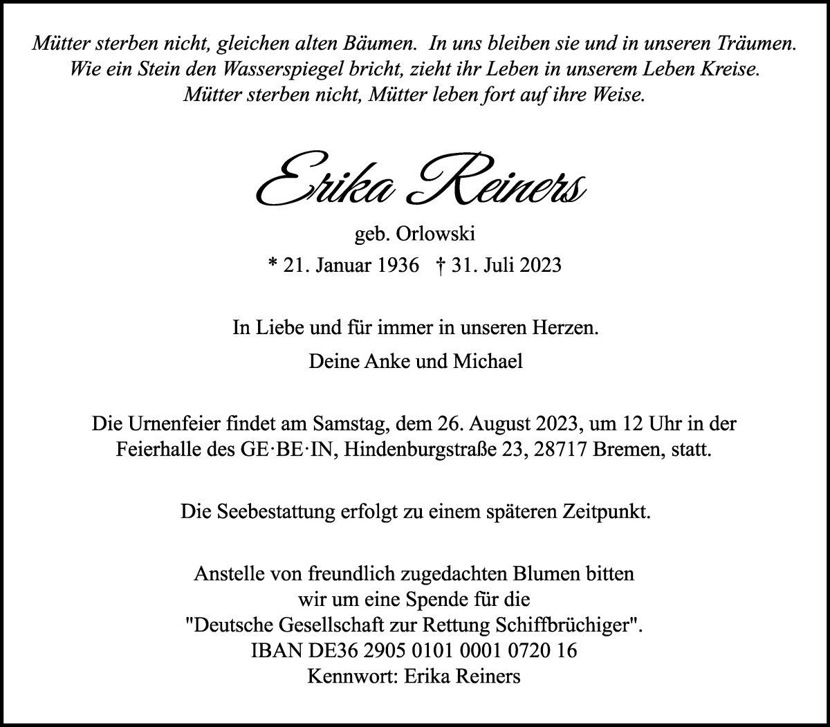 Traueranzeige von Erika Reiners von Die Norddeutsche