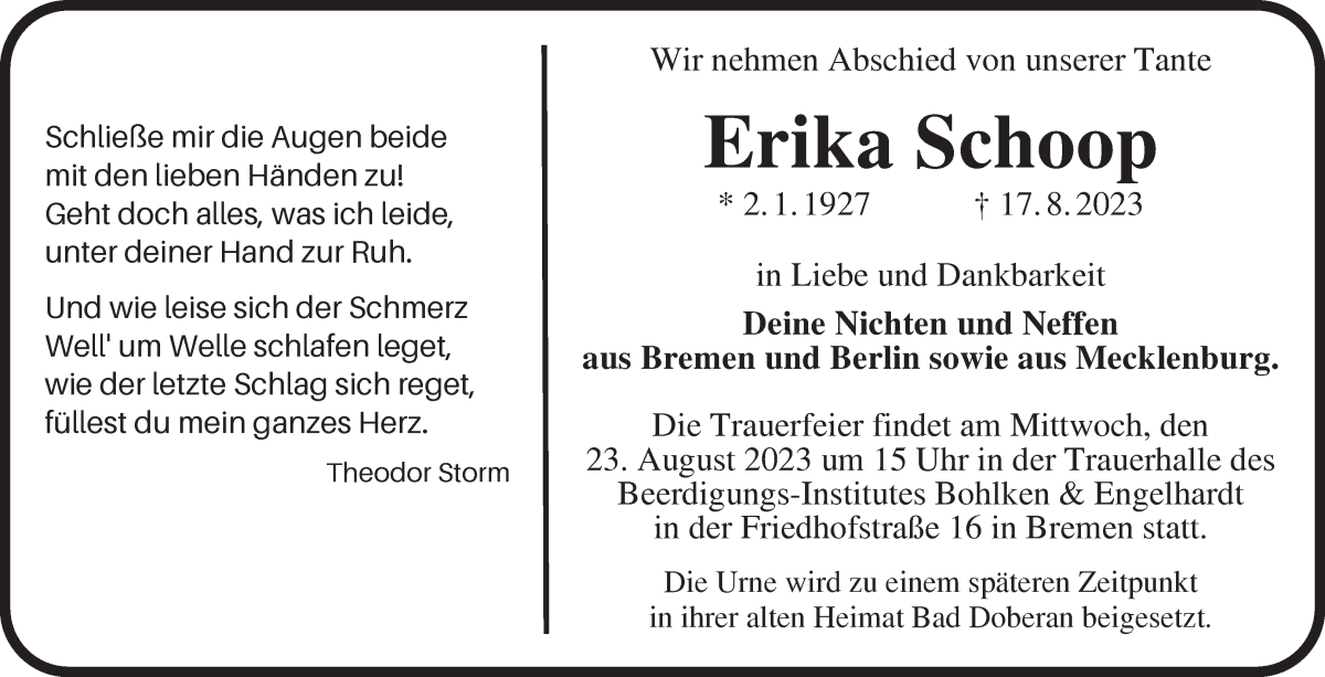 Traueranzeige von Erika Schoop von WESER-KURIER