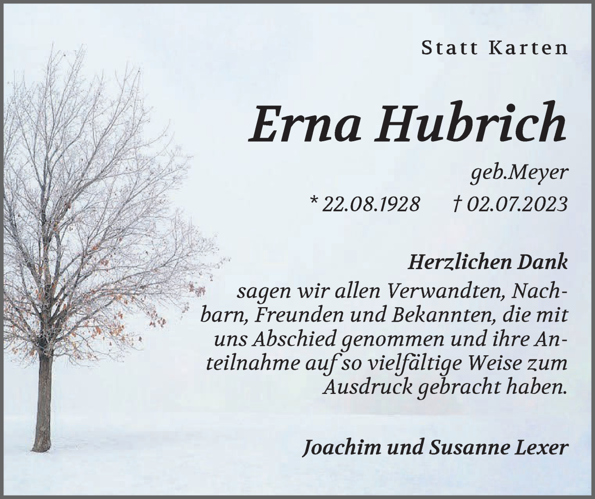 Traueranzeige von Erna Hubrich von Die Norddeutsche