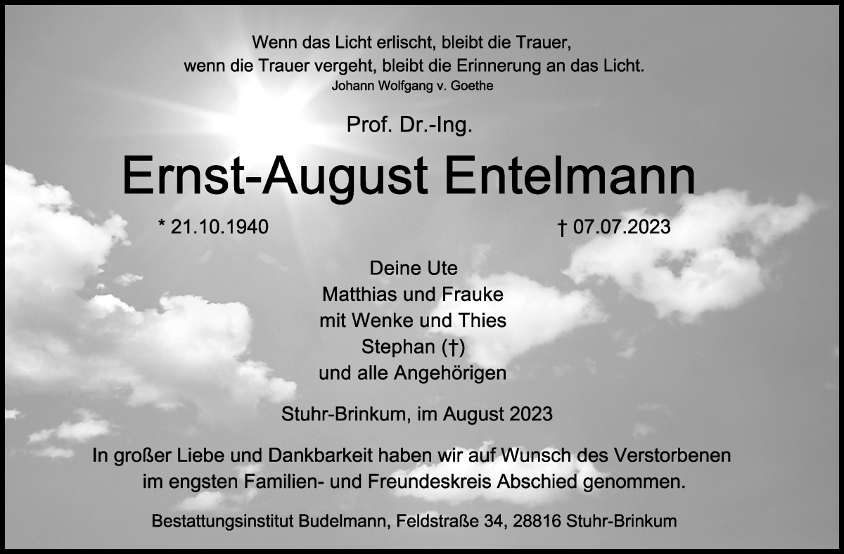 Traueranzeige von Ernst-August Entelmann von WESER-KURIER