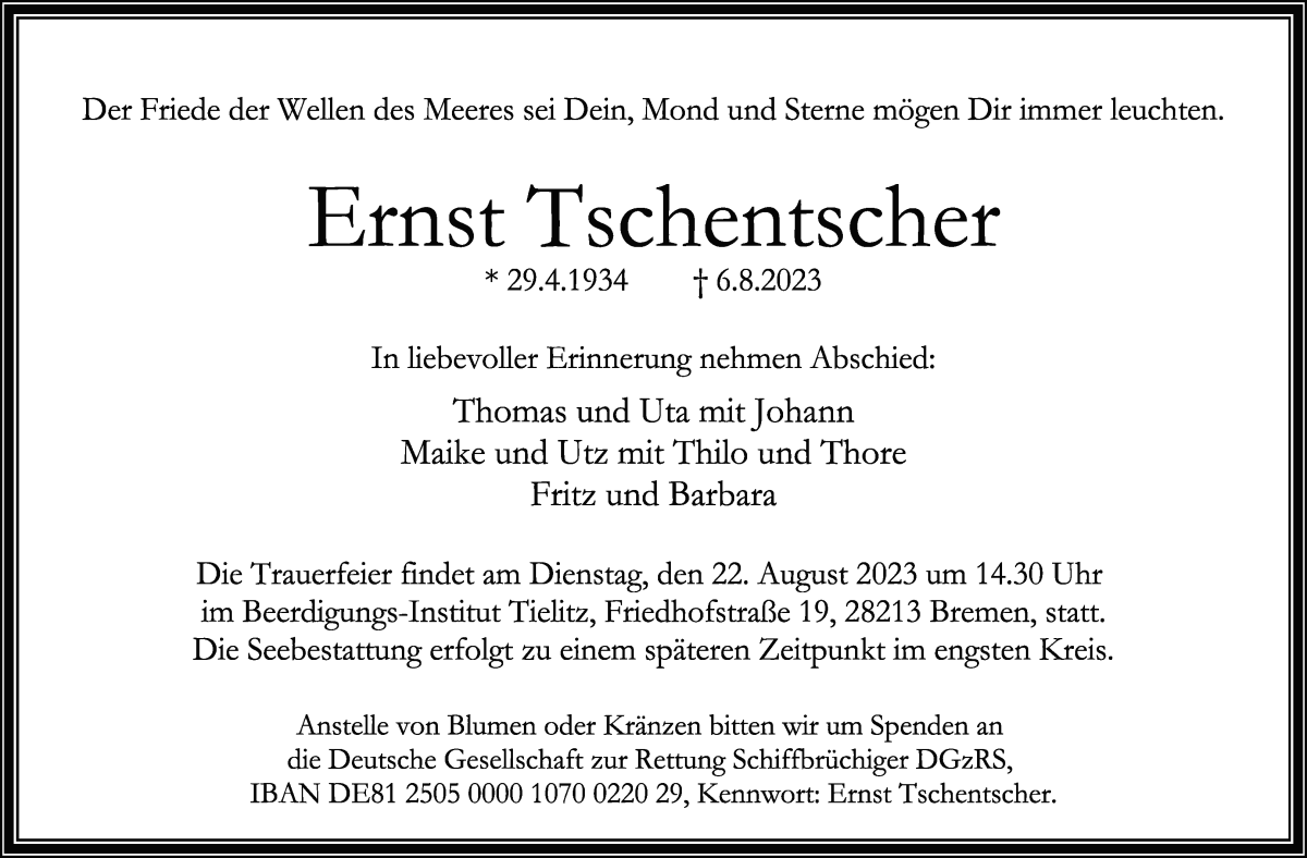 Traueranzeige von Ernst Tschentscher von WESER-KURIER