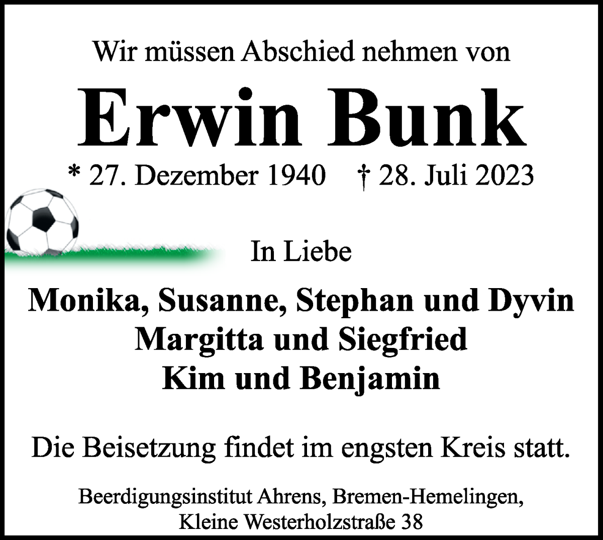 Traueranzeige von Erwin Bunk von WESER-KURIER
