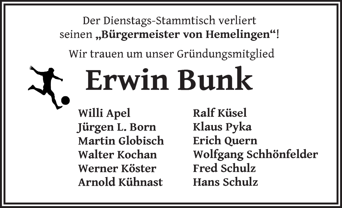 Traueranzeige von Erwin Bunk von WESER-KURIER